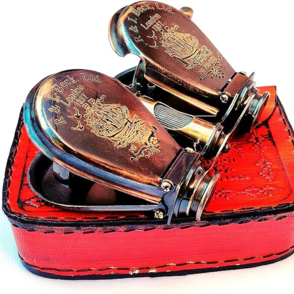 Brass Binoculars with Leather Case Antique Reproduction Nautical Spyglass - Picture 3 of 7